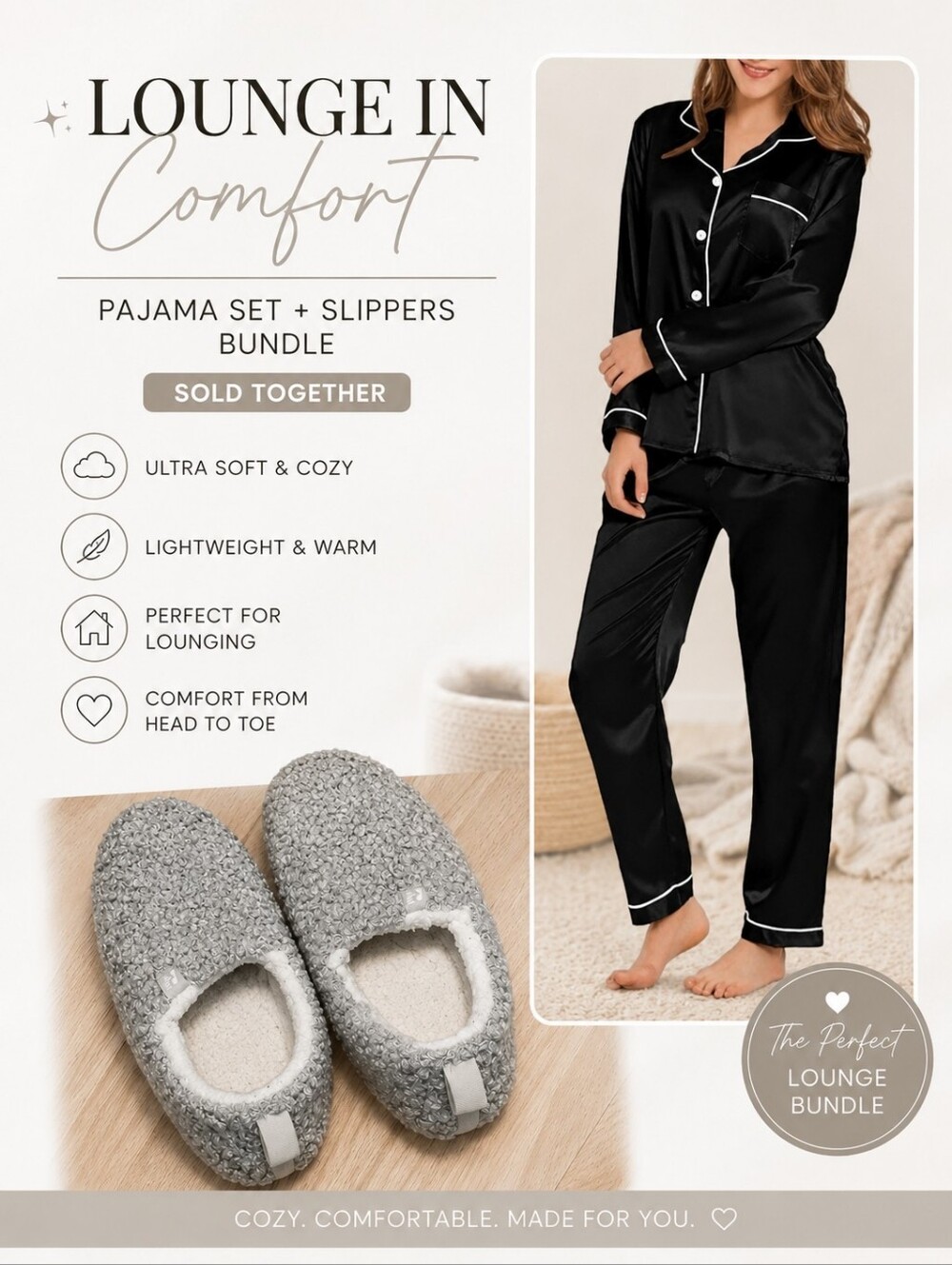 Cozy Lounge Bundle | Black Satin Pajama Set + Plush Bouclé Slippers